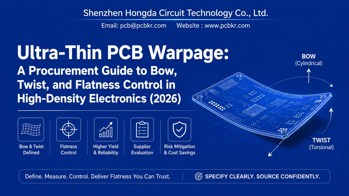 Ultra-Thin PCB Warpage procurement guide diagram showing bow, twist, and flatness control by Hongda Circuit