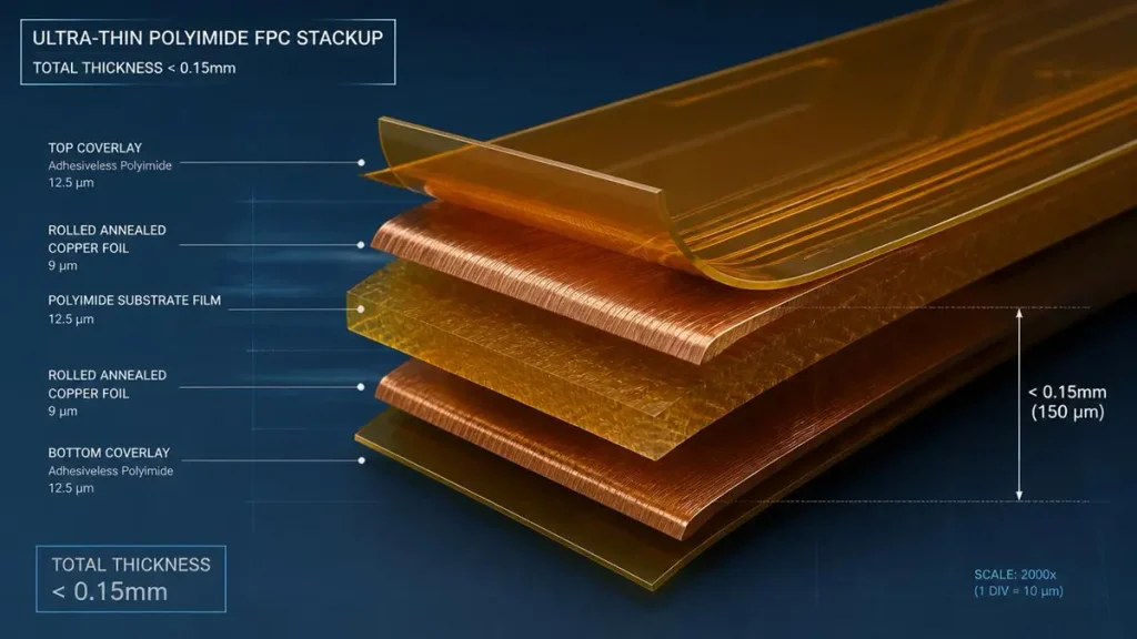 3D cross-section diagram of an ultra-thin polyimide FPC stackup from Shenzhen Hongda Circuit, showing 12.5µm PI layers and 9µm rolled annealed copper with a total thickness under 0.15mm.