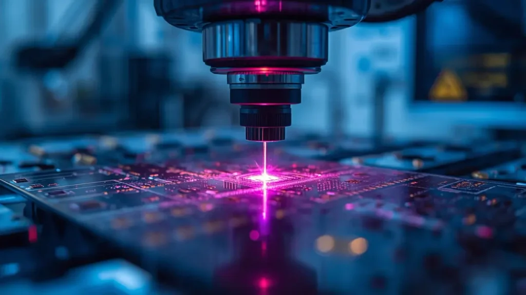 Precision UV/CO2 laser drilling microvias on ultra thin rigid flex PCB substrate at Shenzhen Hongda Circuit factory