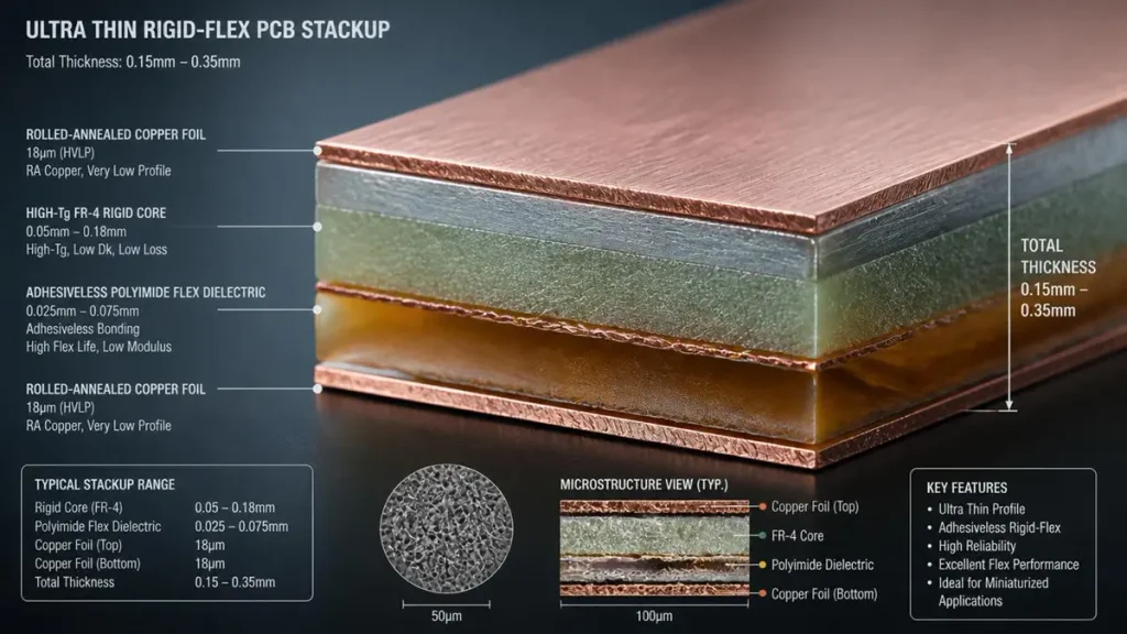 Ultra thin rigid flex PCB stackup diagram (0.15-0.35mm) showing adhesiveless polyimide flex dielectric and high-Tg FR-4 core