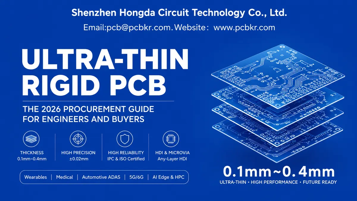 Ultra Thin Rigid PCB procurement guide showing 0.1mm to 0.4mm high precision board stackup by Hongda Circuit