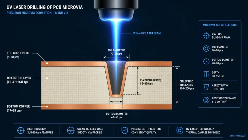 Ultra-Thin PCB Manufacturing Process - UV Laser Drilling Microvia Cross-Section Diagram