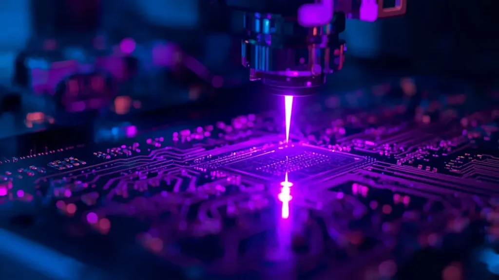 Macro view of precision UV laser direct imaging system executing fine-line pattern exposure on high-density automotive multilayer PCB