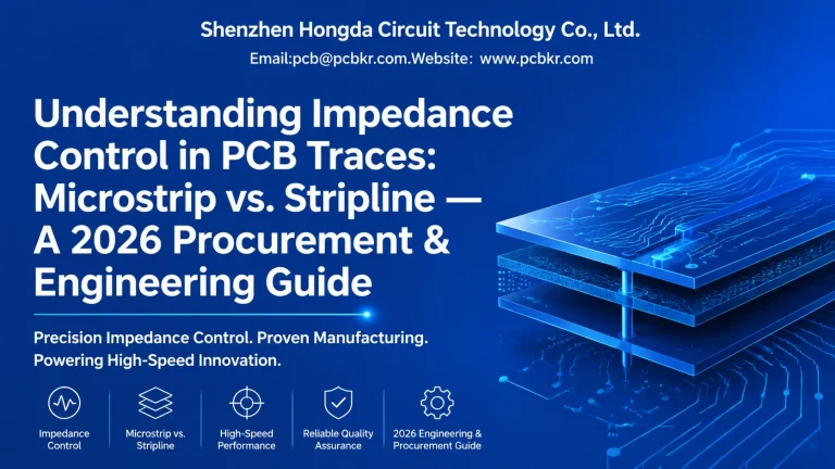 PCB impedance control service showing high-speed microstrip trace cross-section with W, H, T, Dk parameters and TDR impedance calculations.