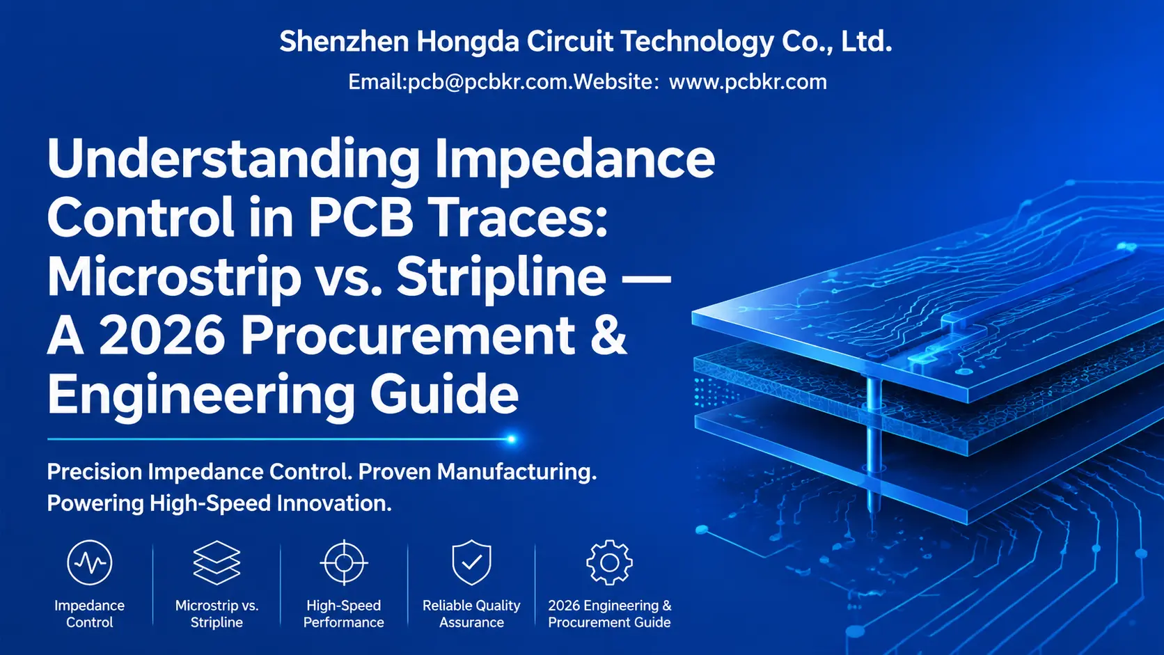 PCB impedance control service showing high-speed microstrip trace cross-section with W, H, T, Dk parameters and TDR impedance calculations.
