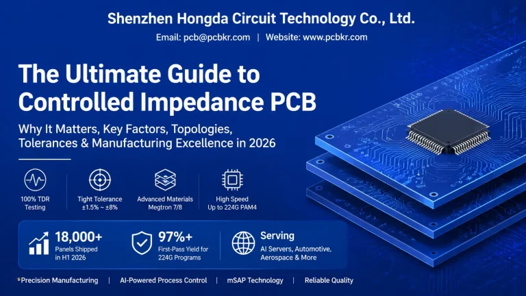 What is impedance control in PCB guide showing 3D stackup layers, TDR testing, and manufacturing specs by Hongda Circuit