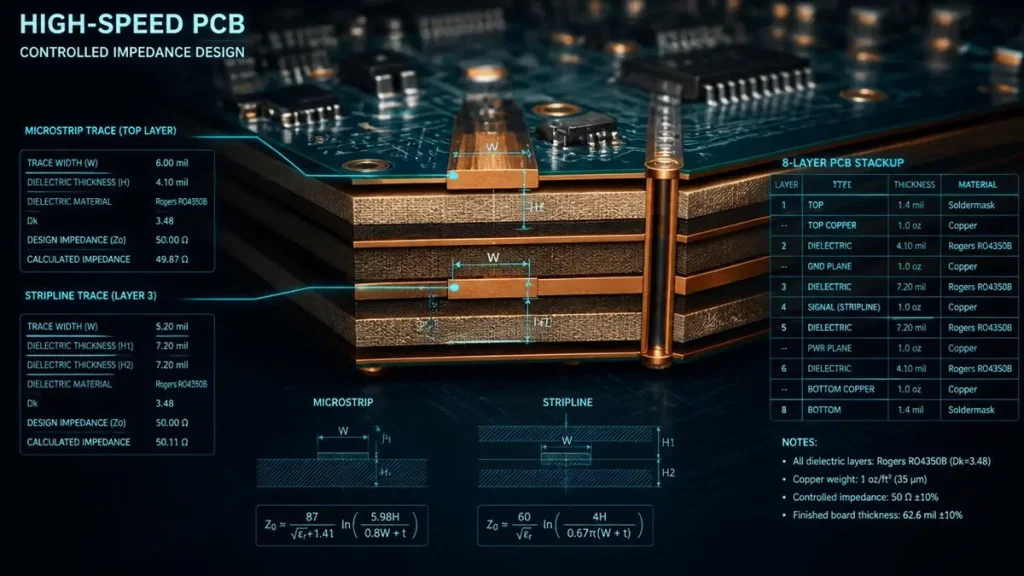 A 3D cross-section diagram of an 8-layer high-speed controlled impedance PCB stackup showing microstrip and stripline copper traces, dielectric layer thickness, and calculation formulas.