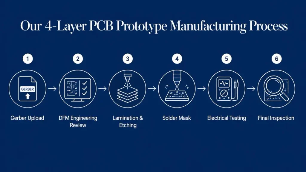 Step-by-step 4-Layer PCB prototype manufacturing process infographic showing Gerber upload, DFM engineering review, lamination, solder mask, electrical testing, and final inspection
