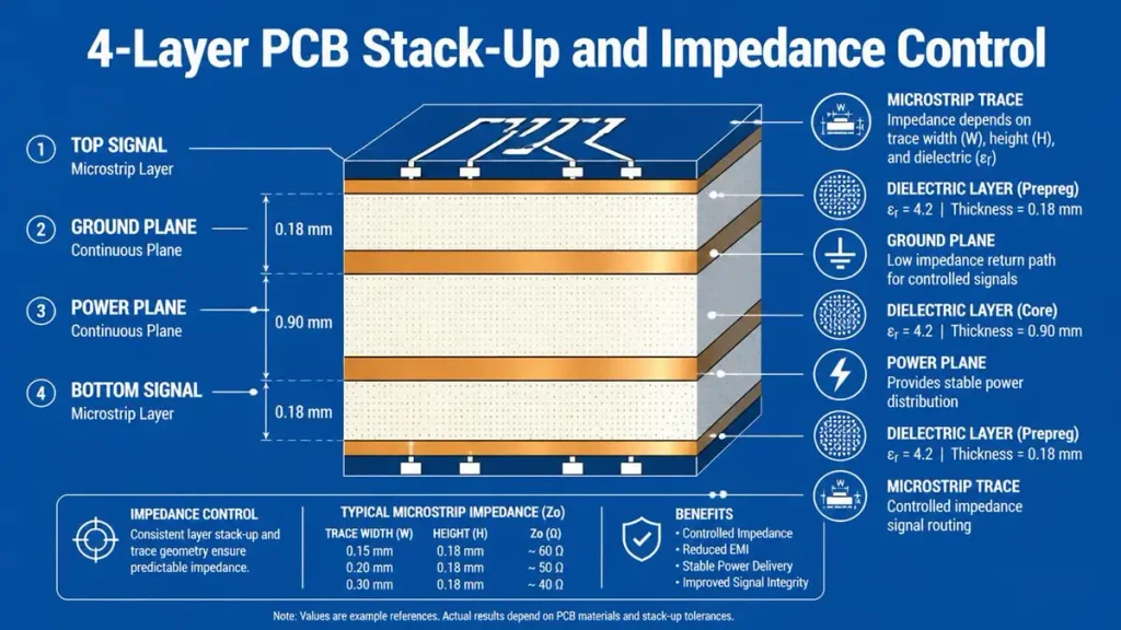 4-Layer PCB stack-up cross-section diagram showing microstrip trace routing, ground and power planes, prepreg layers, and controlled impedance values