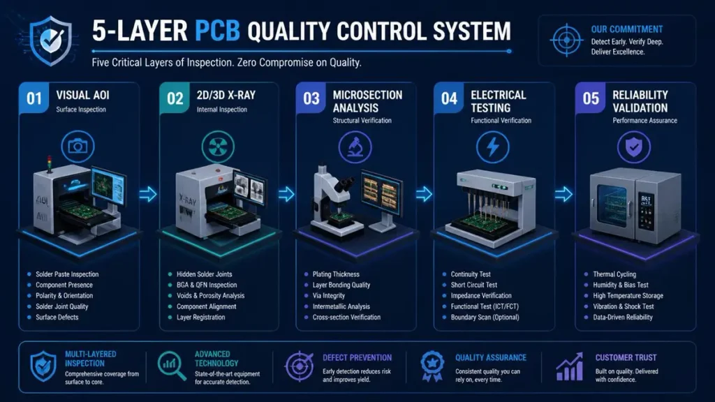 Infographic flowchart of 5-layer embedded component PCB testing system including AOI, 3D X-ray, microsection, electrical, and reliability testing