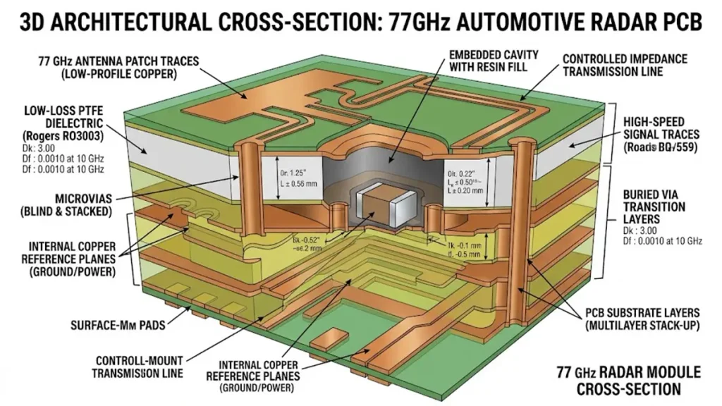 3D technical diagram of a 77GHz automotive radar PCB featuring embedded components in cavity, microvias, copper reference planes, and antenna patch traces.