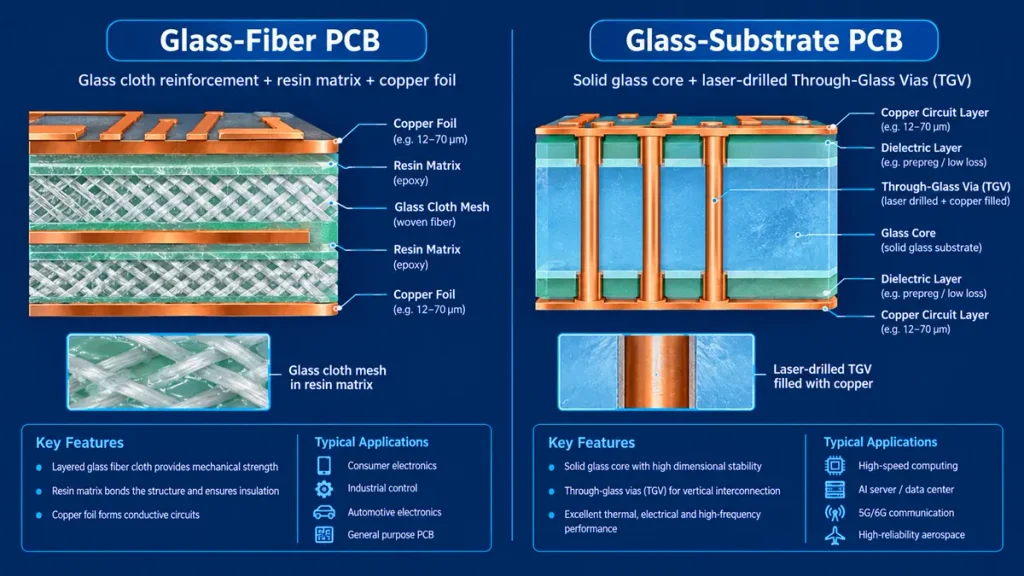 Glass PCB structural comparison showing Glass-Fiber PCB with woven glass cloth mesh versus Glass-Substrate PCB with laser-drilled Through-Glass Vias (TGV).