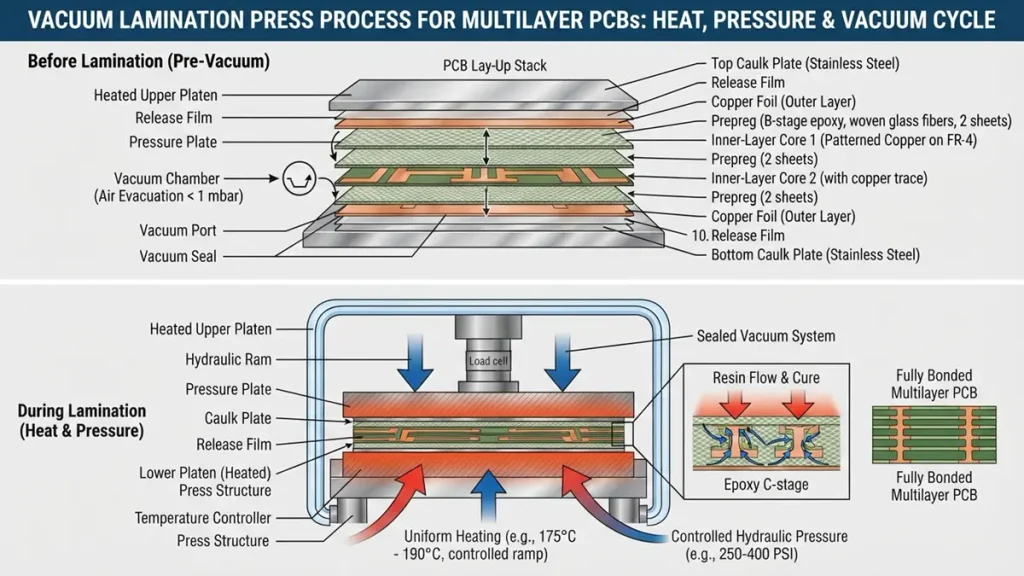 Diagram showing the vacuum lamination press process for glass epoxy PCB manufacturing, illustrating pre-vacuum stackup, uniform heating, and controlled hydraulic pressure phases.