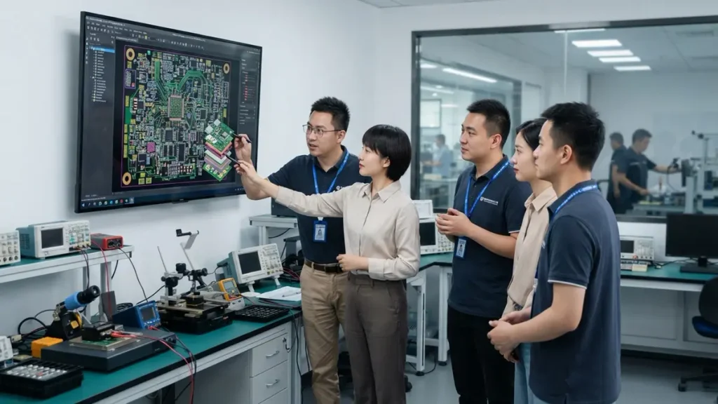 Hongda Circuit(PCBKR) engineering team reviewing an advanced HDI PCB prototype layout on a large monitor in a high-tech lab
