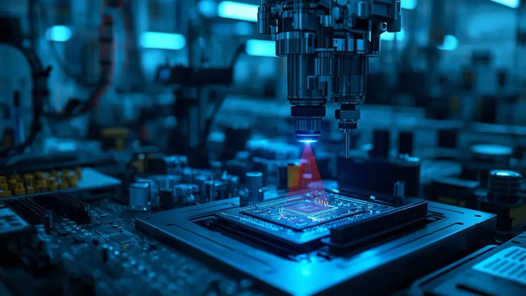 A high-tech industrial manufacturing scene featuring advanced PCB inspection equipment, laser direct imaging, and automated optical inspection on an electronics factory floor