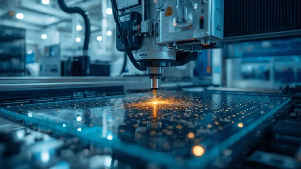 An advanced PCB manufacturing machine performing laser drilling and precision alignment on a glass-fiber circuit board within a high-tech factory floor under blue and white industrial lighting