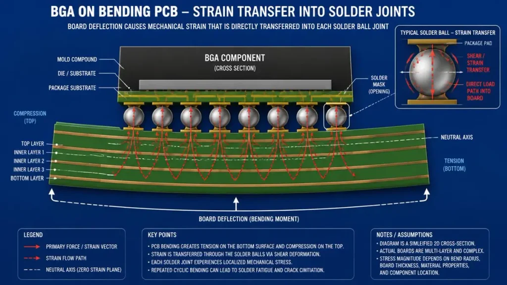 Cross-section diagram of a BGA component on a bent PCB showing red force vectors for strain transfer into solder ball joints.