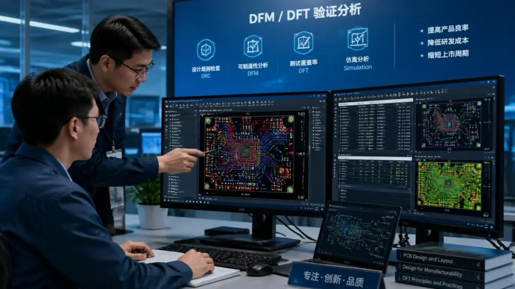 Chinese engineers reviewing PCB layout and DFM/DFT verification on multi-monitor screens in a professional electronics design office