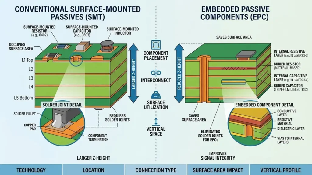 Side-by-side technical comparison diagram showing surface-mounted passives with solder joints on the outer PCB layer versus internal embedded resistive and capacitive layers within the PCB stack-up.