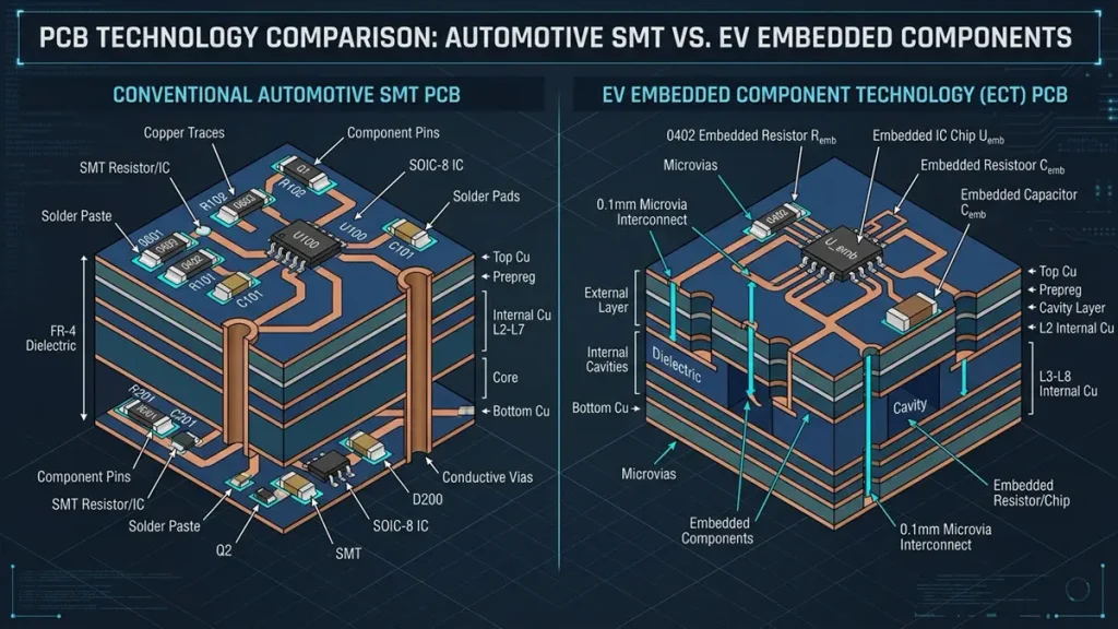 3D cross-section diagram comparing conventional automotive SMT PCB with EV embedded component PCB architecture featuring microvias and internal cavities