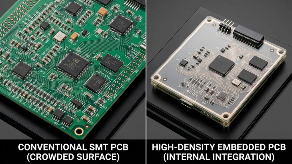 Side-by-side technical comparison showing a crowded conventional surface-mount PCB on the left and a clean, high-density embedded component PCB with internal integration on the right.