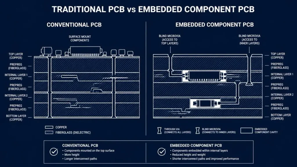 Technical 2D cross-section diagram comparing conventional surface-mount PCB structure with embedded component PCB design, illustrating internal cavities, blind microvias, copper layers, and prepreg stack-up for manufacturing cost evaluation.