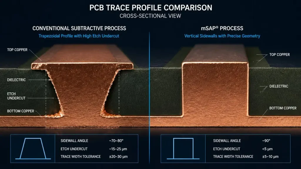 Cross-sectional comparison between conventional subtractive PCB trace with high etch undercut and mSAP process featuring vertical sidewalls for fine-line HDI by Shenzhen Hongda Circuit