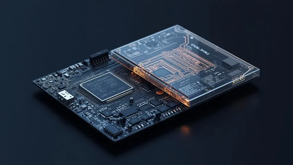 3D exploded cross-section showing embedded component PCB testing and internal microvia structure
