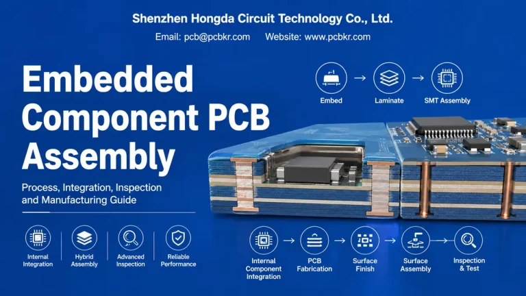 Embedded component PCB assembly process cross-section showing internal component integration and conventional surface SMT assembly by Hongda Circuit