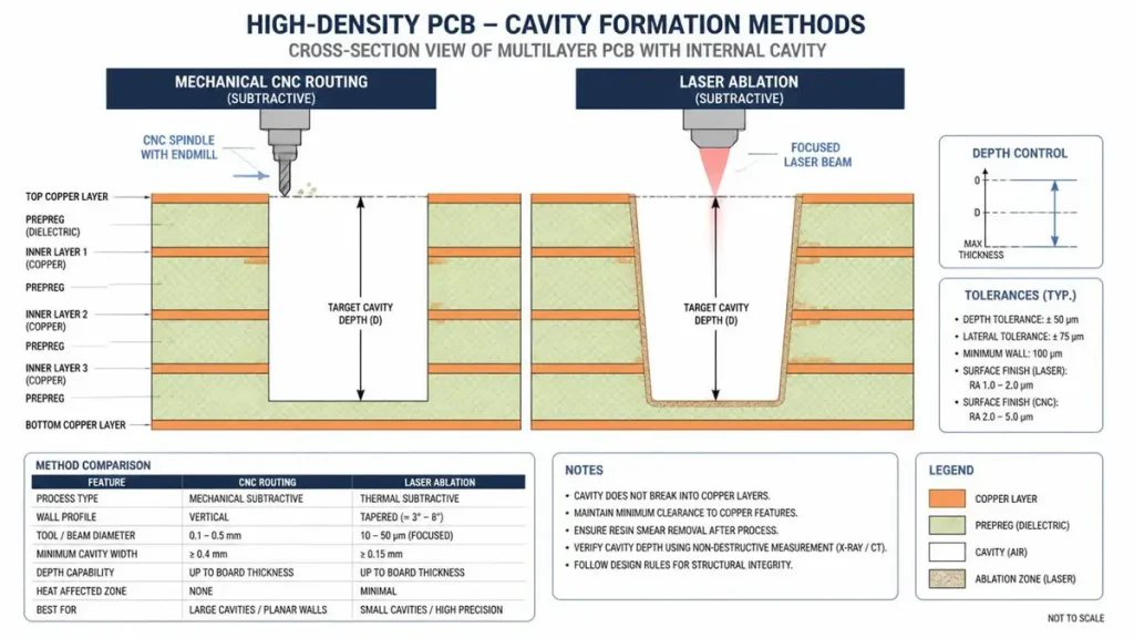 Technical cross-section schematic comparing mechanical CNC routing and laser ablation for PCB cavity formation in embedded component PCB manufacturing.