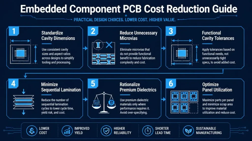 Embedded Component PCB Cost Reduction Guide flowchart detailing 6 engineering steps to lower price including cavity standardization, microvia reduction, and lamination optimization