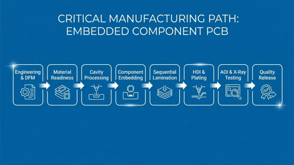 A corporate flowchart diagram showing the critical manufacturing path of an Embedded Component PCB, including Engineering & DFM, Material Readiness, Cavity Processing, Component Embedding, Sequential Lamination, HDI & Plating, AOI & X-Ray Testing, and Quality Release.