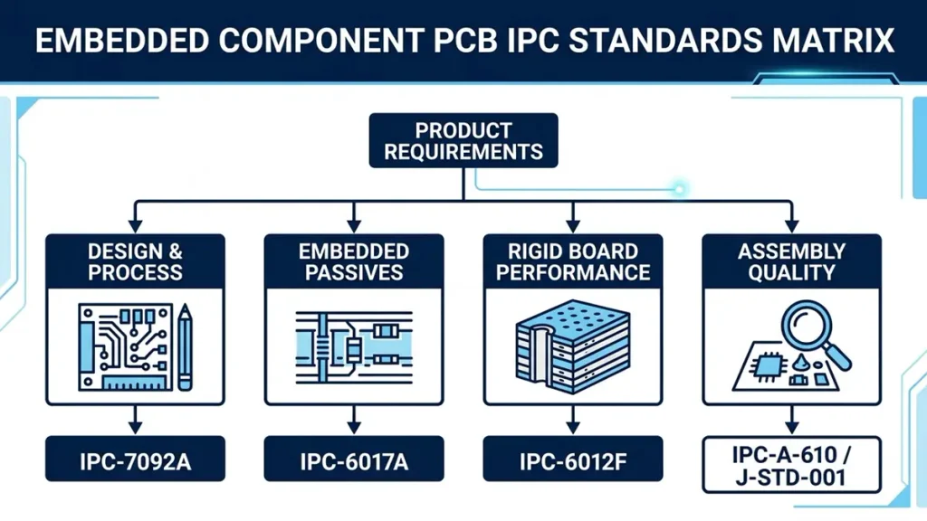 Embedded Component PCB IPC Standards Matrix mapping IPC-7092A, IPC-6017A, and IPC-6012F requirements by Hongda Circuit