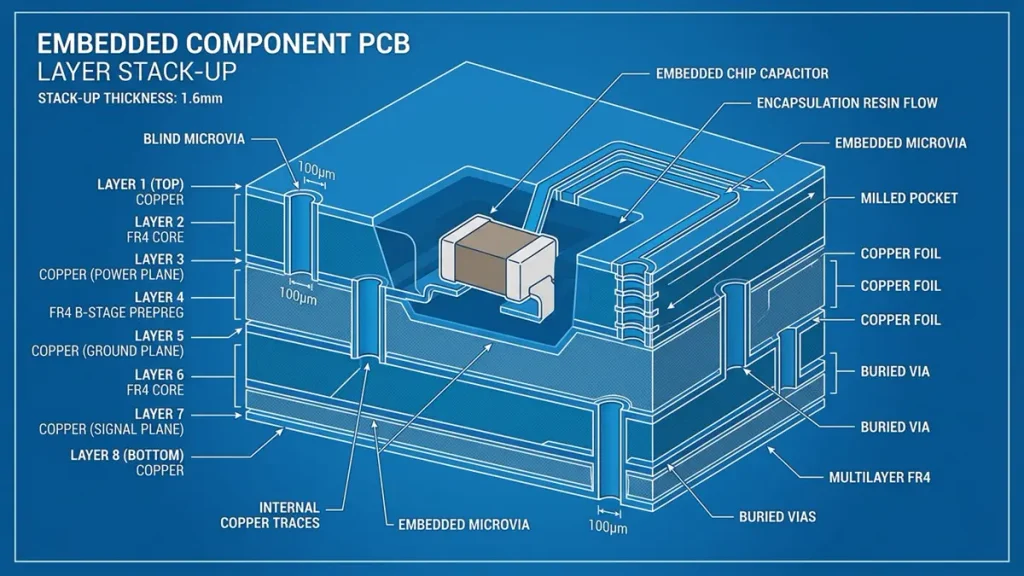Detailed 3D technical cross-section schematic diagram of an Embedded Component PCB layer stack-up, showing an embedded passive component inside a milled cavity, resin encapsulation, microvias, buried vias, and multilayer FR4 substrates.