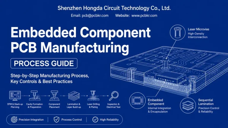 Embedded component PCB manufacturing process guide illustrating cavity formation, component placement, sequential lamination, and laser microvias by Hongda Circuit.