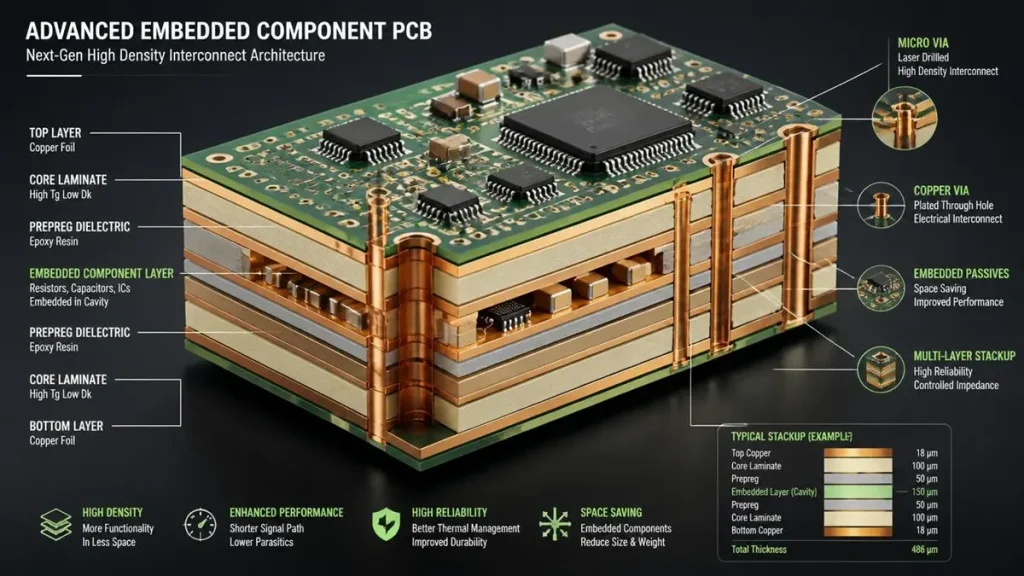 3D isometric cutaway diagram of embedded component PCB materials and layered stackup architecture