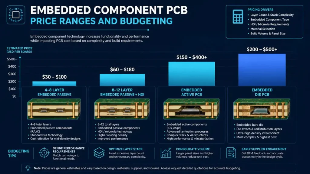 Embedded Component PCB Price Ranges Infographic showing prototype budgeting from $30 to $500+ across different layer counts and active die configurations