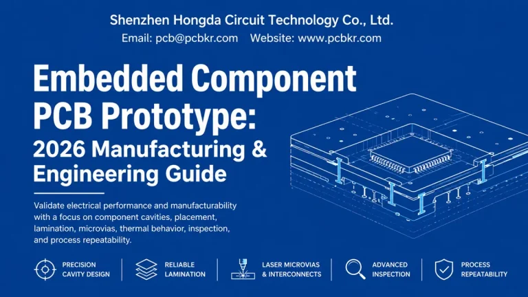 Infographic for Embedded Component PCB Prototype guide featuring 3D multilayer structure and key manufacturing parameters by Shenzhen Hongda