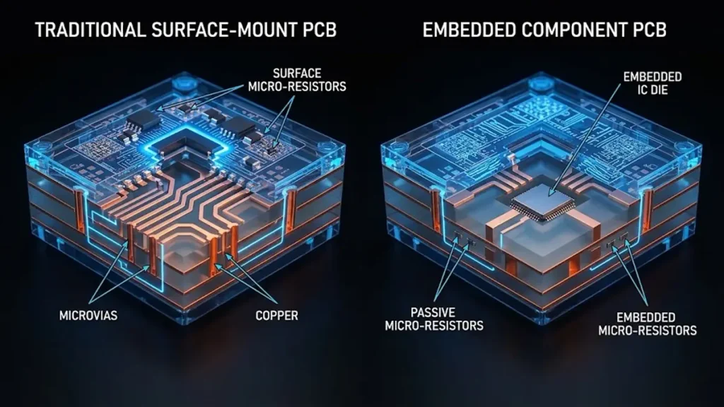 3D cross-section diagram comparing traditional surface-mount PCB with embedded component PCB, showing internal embedded IC die, passive micro-resistors, copper traces, and microvias.