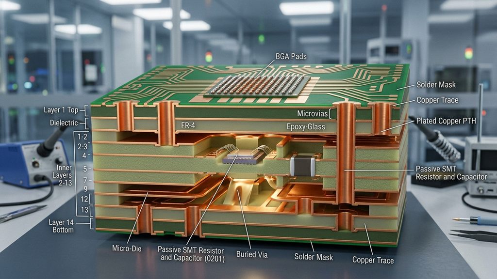 Detailed 3D cross-section of an advanced multi-layer HDI PCB with embedded components, microvias, and BGA pads by Hongda Circuit