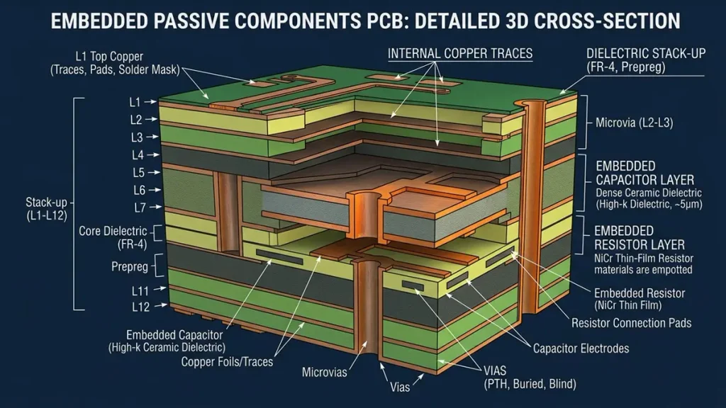 Detailed 3D cross-section diagram of an Embedded Passive Components PCB showing internal copper layers, dielectric stack-up, embedded resistor layer, embedded capacitor layer, and microvias.