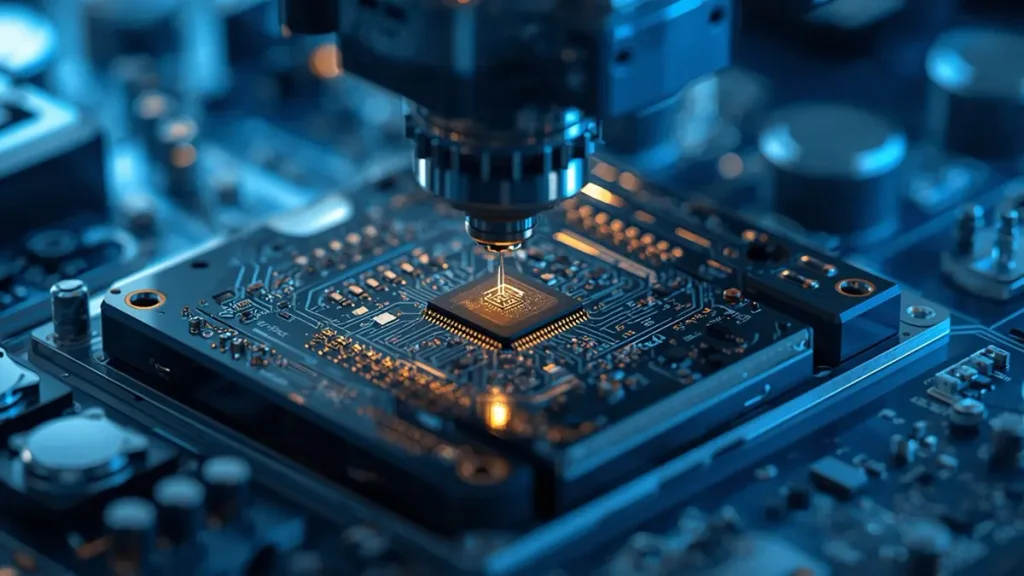 3D render of an automated SMT head placing a microscopic IC component into a high-density embedded component PCB.