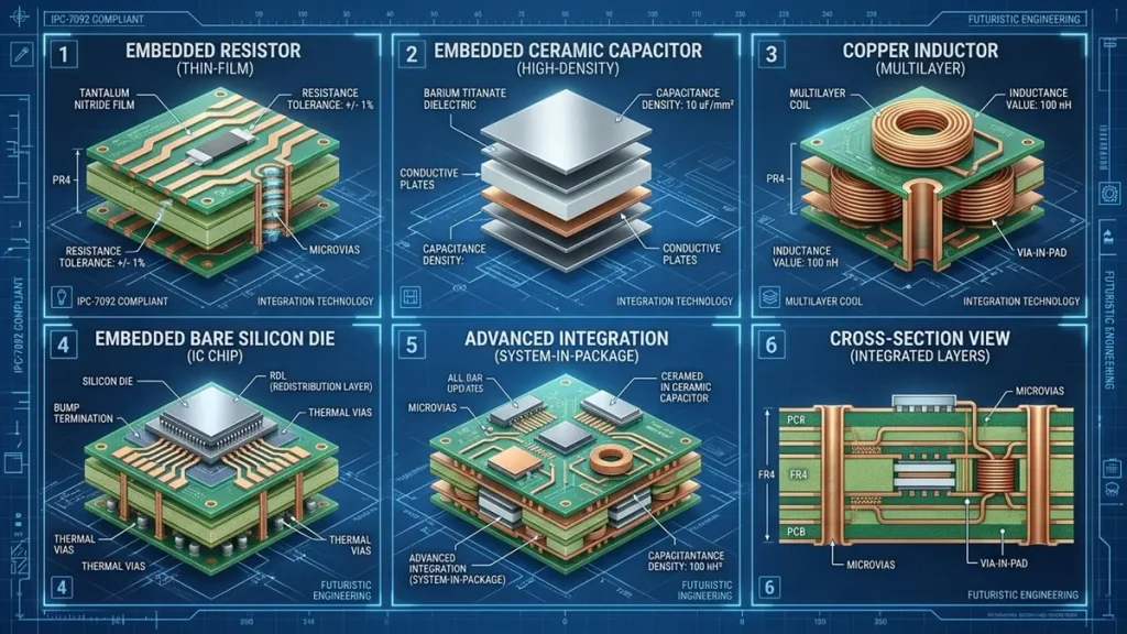 Technical infographic grid illustrating types of embedded PCB components, including thin-film resistors, ceramic capacitors, copper inductors, embedded bare silicon dies, and multilayer cross-section view.