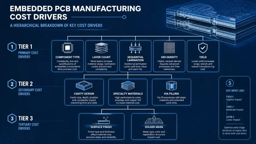 Infographic breakdown of embedded PCB manufacturing cost drivers categorizing primary, secondary, and tertiary factors including layer count, cavity design, specialty materials, and yield.