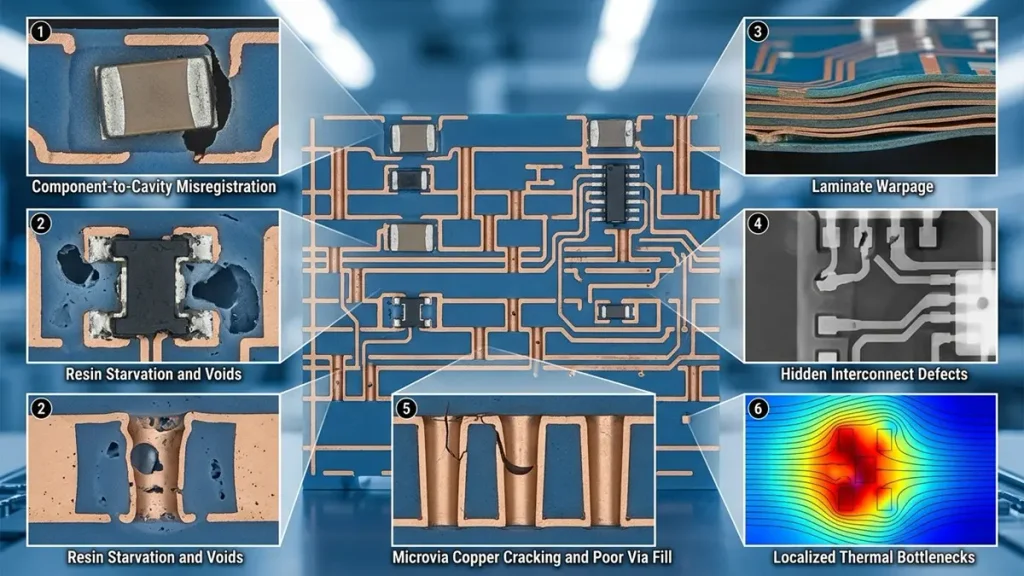 Technical cross-section diagram of high-density embedded component PCB manufacturing failure risks, illustrating six defects including component misregistration, resin starvation, laminate warpage, interconnect flaws, microvia cracking, and thermal bottlenecks.