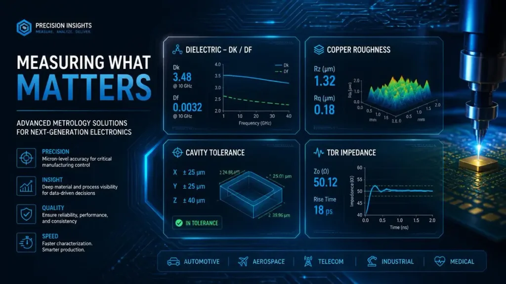Infographic of embedded component PCB material metrics including Dk Df curves, copper roughness, cavity tolerance, and TDR impedance