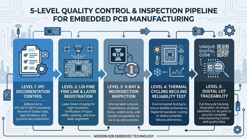 Modern B2B infographic showing a 5-level quality control pipeline for embedded PCB manufacturing by Hongda Circuit