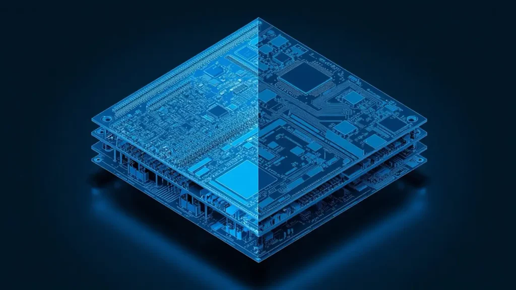 3D isometric blueprint diagram showing a multi-layer PCB cross-section comparing conventional surface-mounted SMT components with embedded active and passive components inside internal substrate cavities connected by microvias.