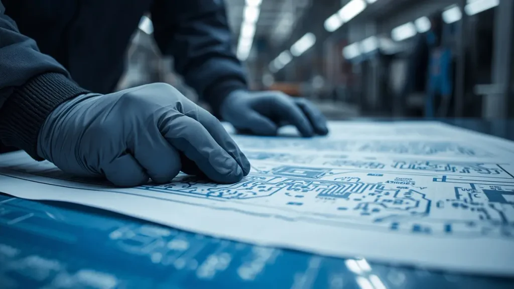 An electronic engineer wearing working gloves and examining glass-fiber laminate layers and blue printed circuit board blueprints in a high-tech manufacturing facility