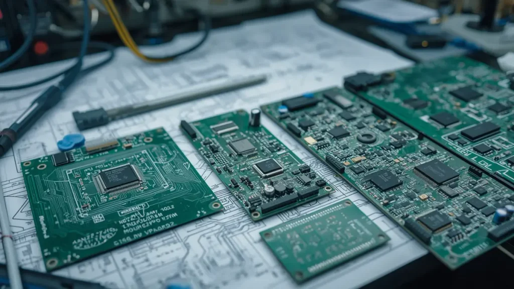 An engineering workspace displaying different scales of printed circuit boards, ranging from prototypes to small run panels on technical blueprints